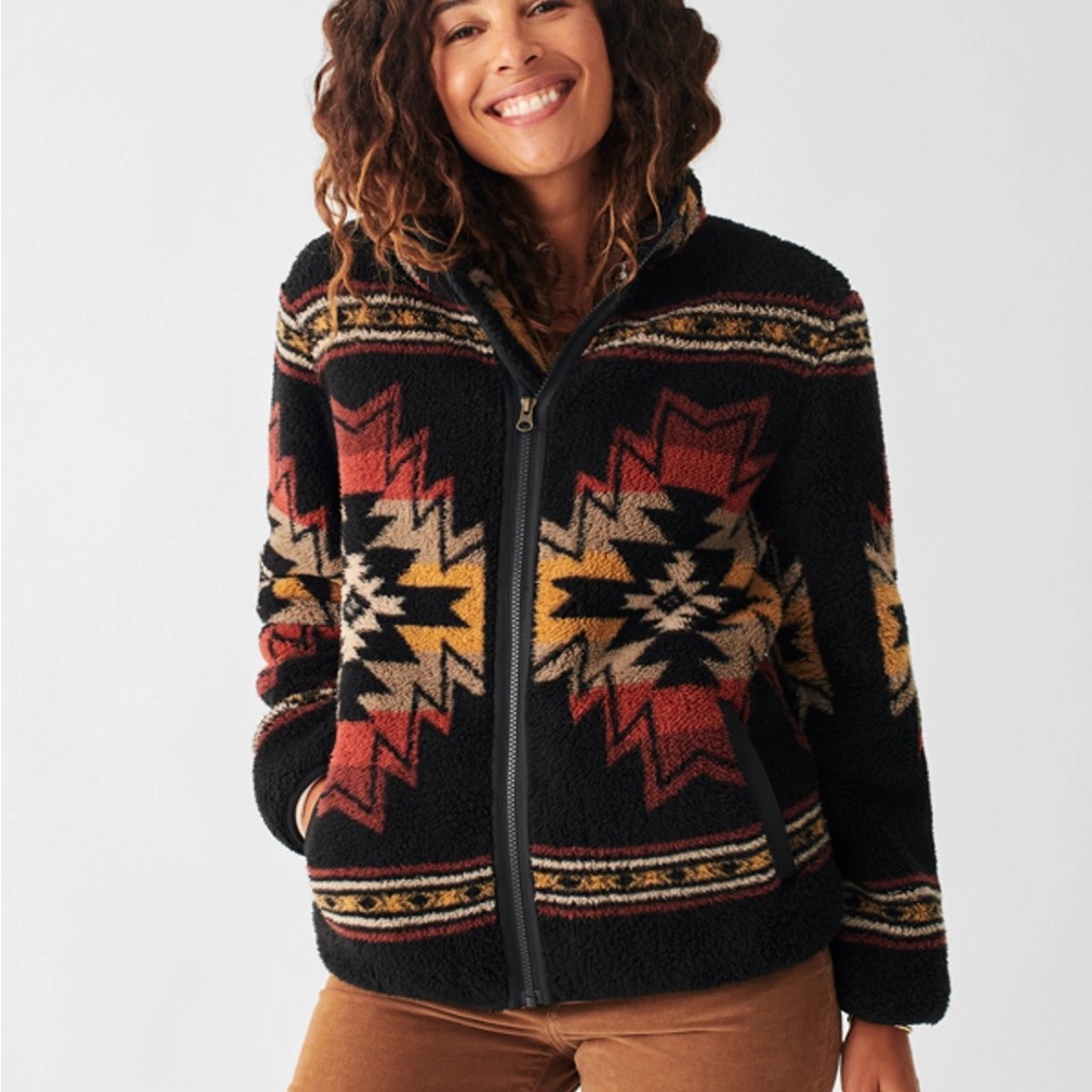Faherty Black Teddy Jacket with Red and Mustard Aztec Pattern